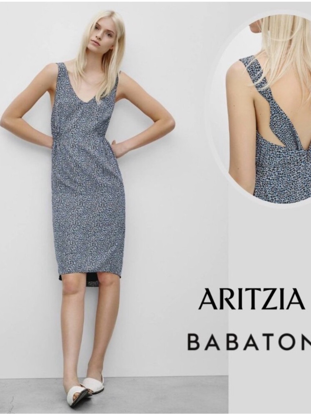 Aritzia Navy & White Deep V-Neck Silk Midi Dress,